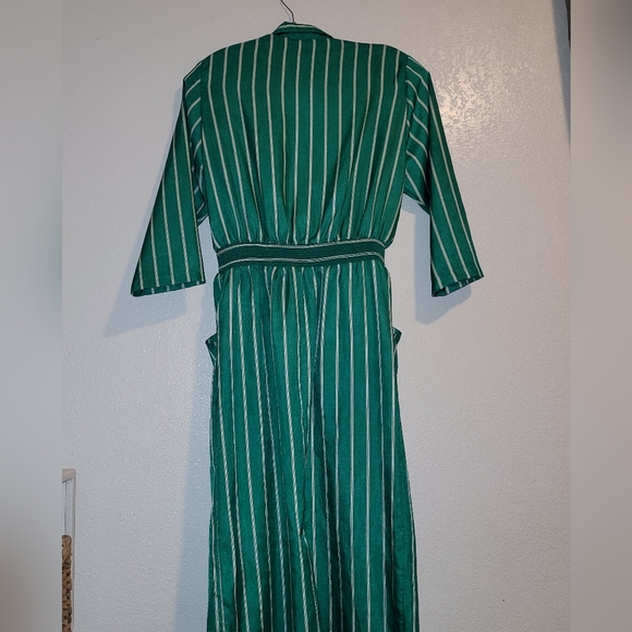 VTG LISA 2 Y2K Green and White Striped Polyester Midi Shoulder Padded Dress #12 - Picture 3 of 11